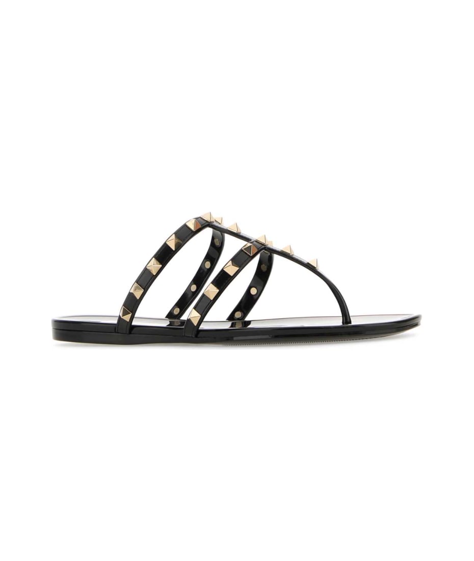 Valentino Garavani Black Leather Rockstud Thong Slippers