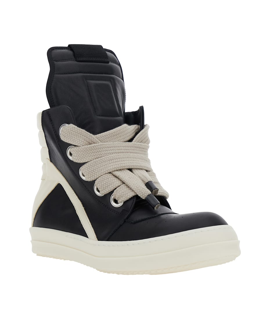 Black And White Sneakers With Decorative Laces And Side Zip Closure In Leather Woman
