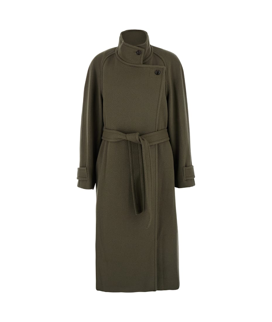 Low Classic Green Double-breasted Coat With Removable Belt