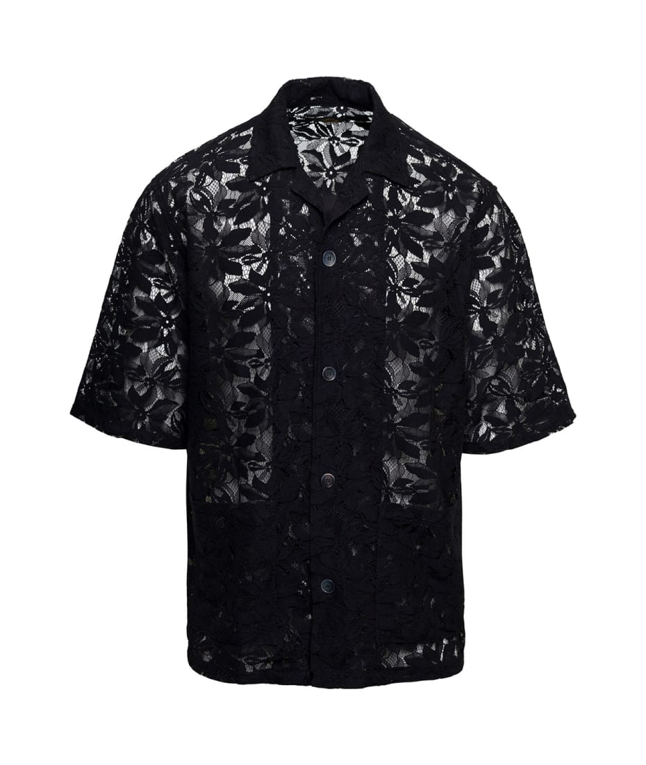 Needles Black Bowling Shirt With Floreal Motif In Lace Man