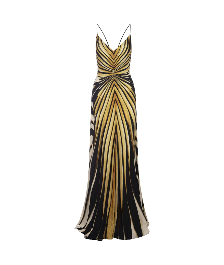 Roberto Cavalli Silk Dress With Ray Of Gold Print | italist