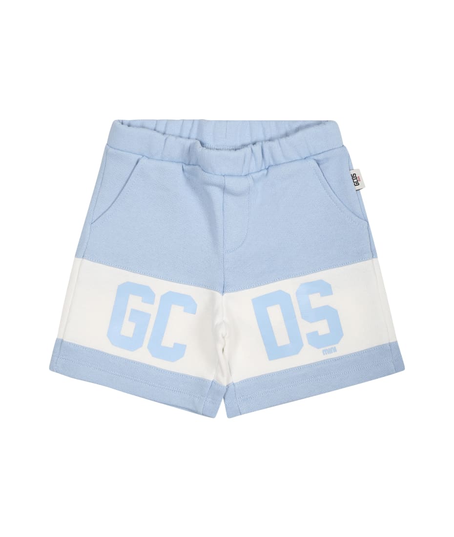 GCDS Gar Light Blue Sports Shorts For Babies With Logo - Light Blue