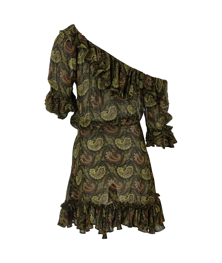 【関税&送料込】Saint Laurent Paisly Dress Black Pleated tiered paisley-print metallic silk-blend