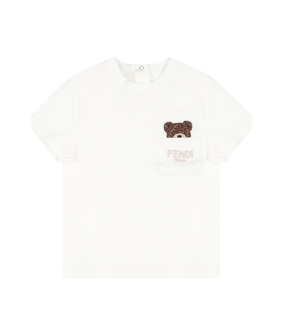 Fendi White T-shirt For Babykids With Fendi Bear - White