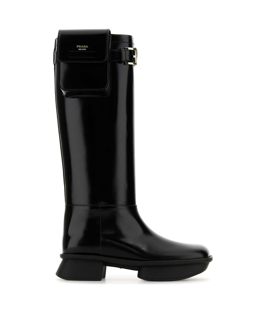 PRADA プラダ ブーツ 黒 38(24.5cm位) 4103725J0030 ☆PRADA☆プラダ モノリス レザーxナイロンファブリック ブーツ