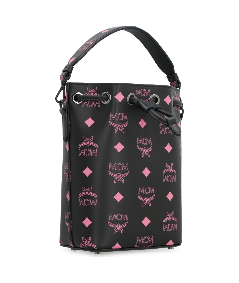 MCM Logo Print Visetos Draw String Bucket Bag In Pink - Large