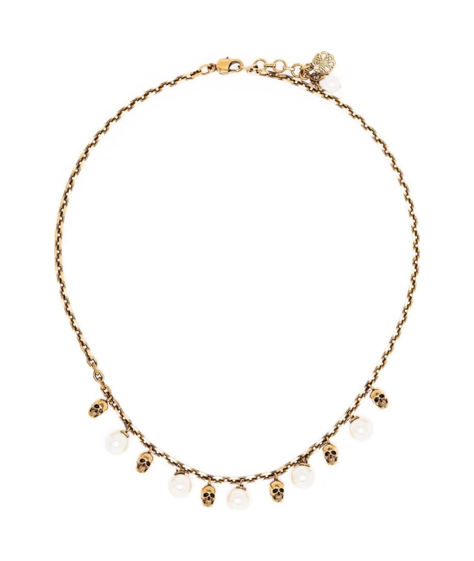 Alexander McQueen Pearly Skull Necklace In Antiqued Gold