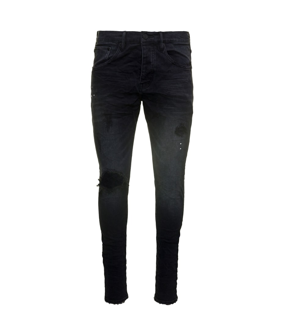 Purple Brand Black Five-pocket Style Jeans With Rips Detail In Stretch  Cotton Denim Man