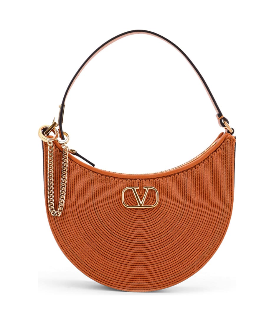 Mini Hobo Vlogo Signature Valentino Garavani Leather And Rafia Bag With Metal And Leather Shoulder Strap