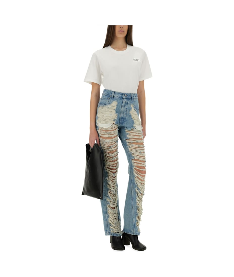 デニム・ジーパン MM6 Maison Margiela SS25 DENIM BROKEN (S62LB0199M30018 962) MM6 Maison Margiela cracked-effect straight-leg Jeans | Blue