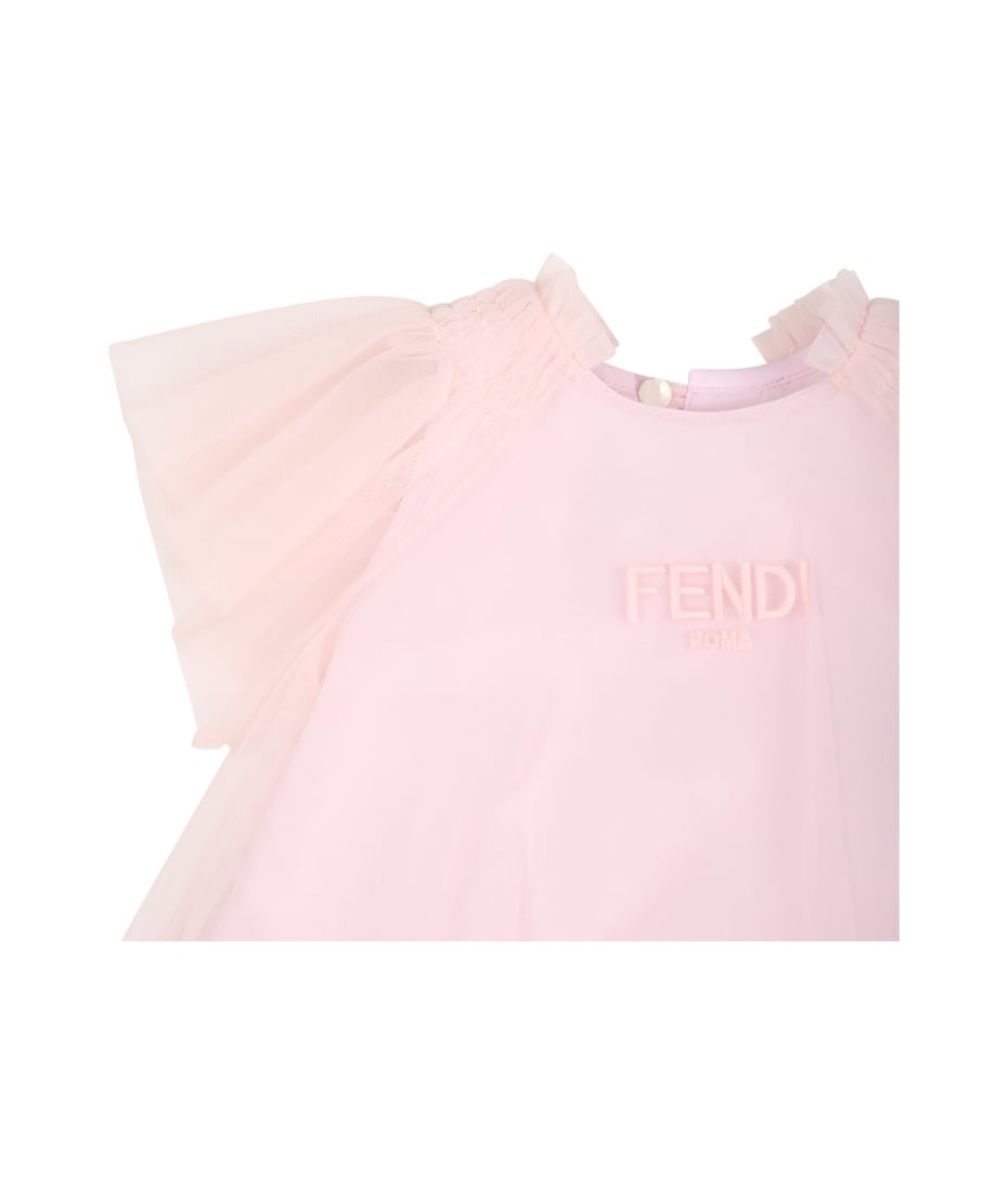 Fendi Pink Dress For Baby Girl With Logo - Pink