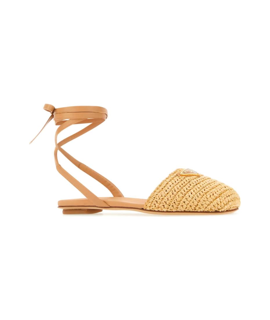 ◆PRADA 最新作◆ラフィア クロシェサンダル/Medium Beige◆ Prada Beige Raffia Sandals | italist
