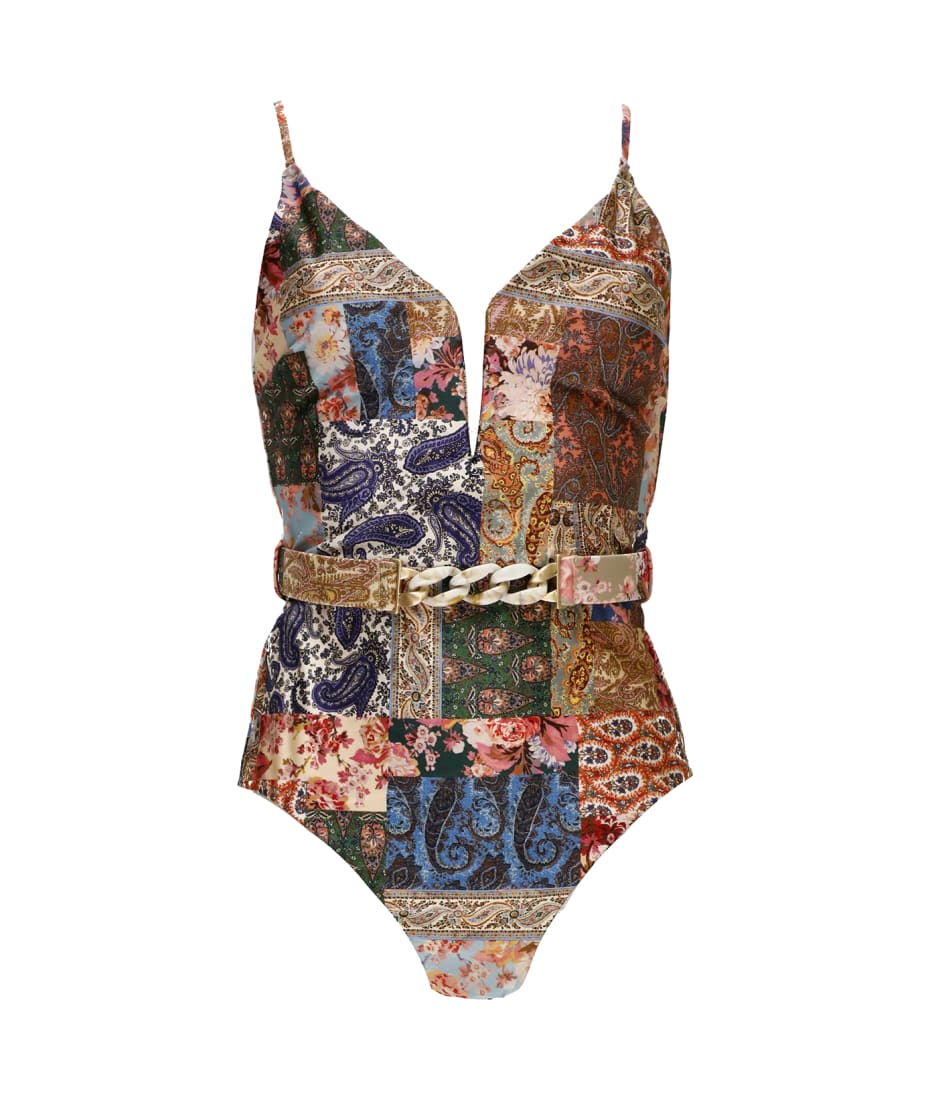 Zimmermann Devi Plunge V Wire Bra Bikini Top in Patch Paisley