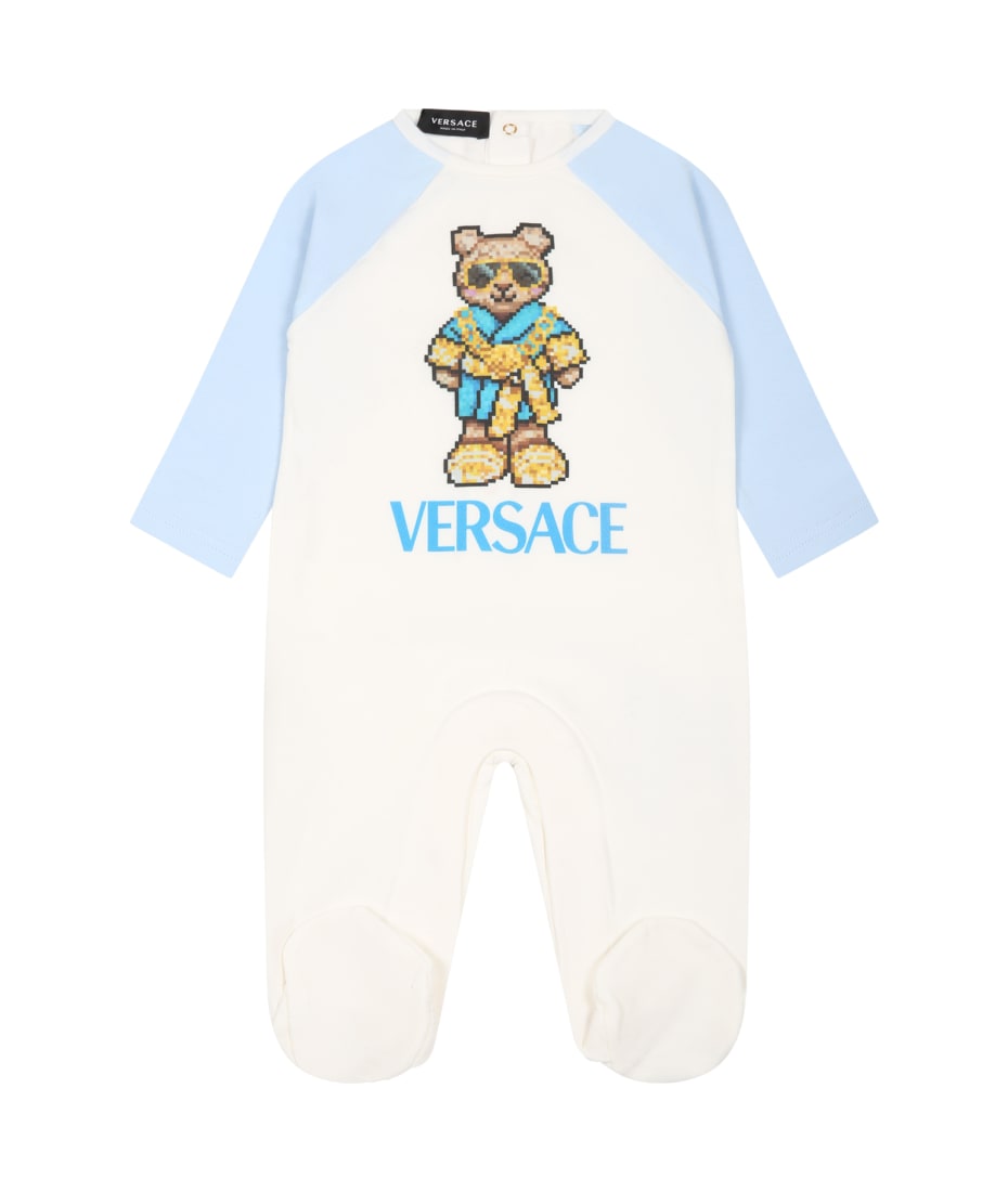 Versace White Babygrow For Baby Boy With Teddy Bear And Logo