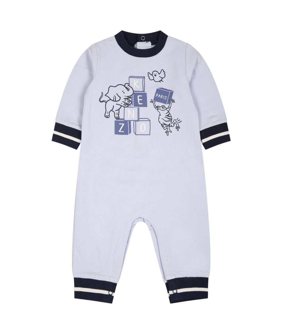 Kenzo Kids Light Blue Babygrow For Baby Boy With Logo And Print