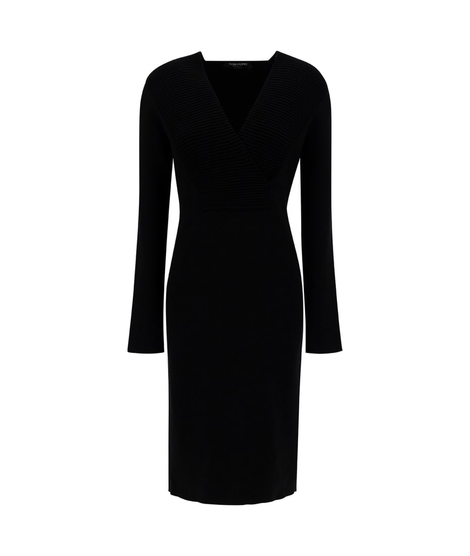 Tom Ford Black Midi Dress With V Neckline In Wool Blend Woman | italist,  ALWAYS LIKE A SALE