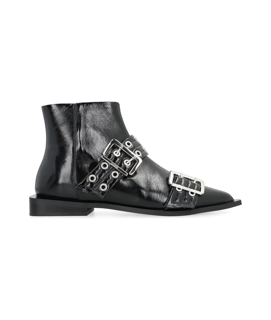 【送料&関税込】Ganni Faux Leather Ankle Boots Faux leather biker boots in black - Ganni | Mytheresa