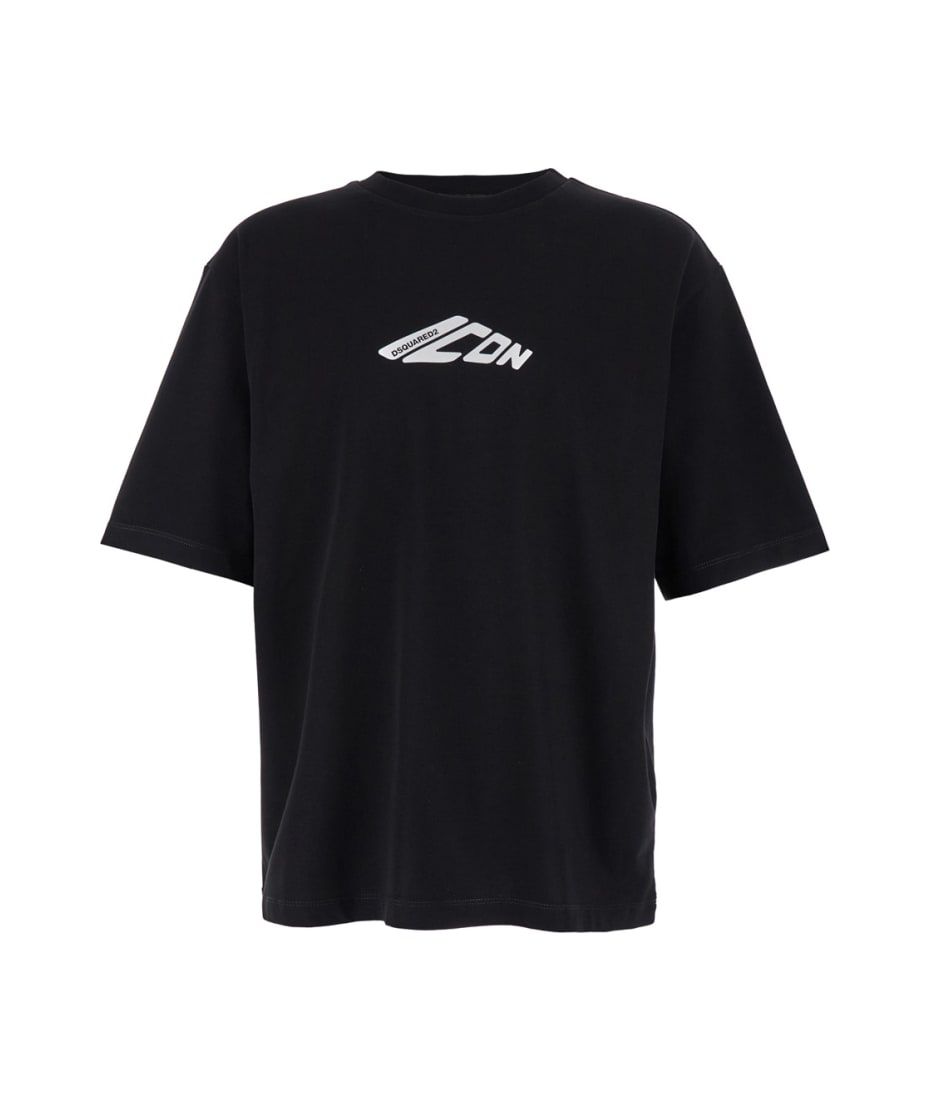 【送料&関税込】Dsquared2 Black T-shirt With Contrasting Ico Dsquared2 Black T-shirt With Contrasting Icon Print In