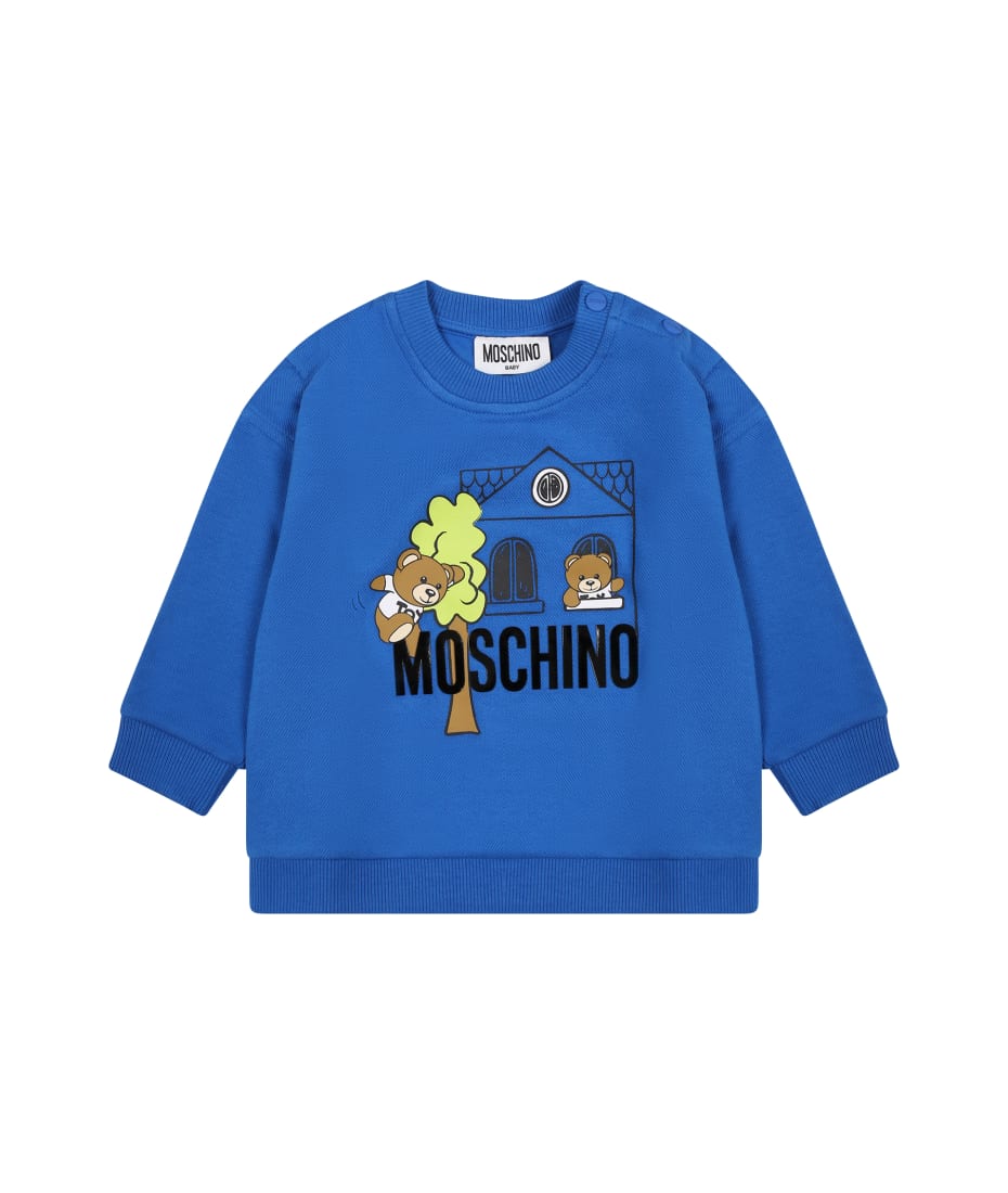 Blue Sweatshirt For Baby Boy With Teddy Bears And Logo