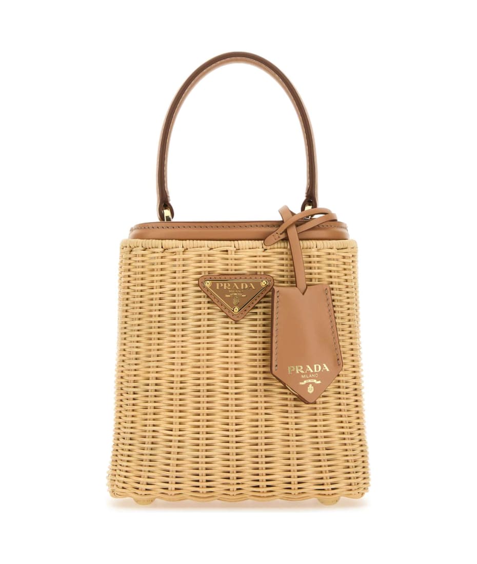 Prada Two-tone Wicker And Leather Bucket Bag - NATURALE