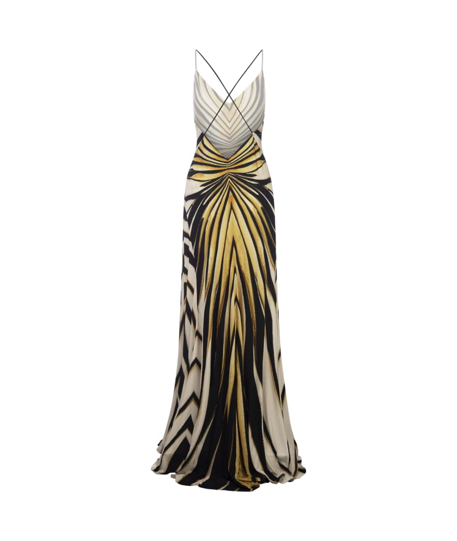 Roberto Cavalli Silk Dress With Ray Of Gold Print | italist