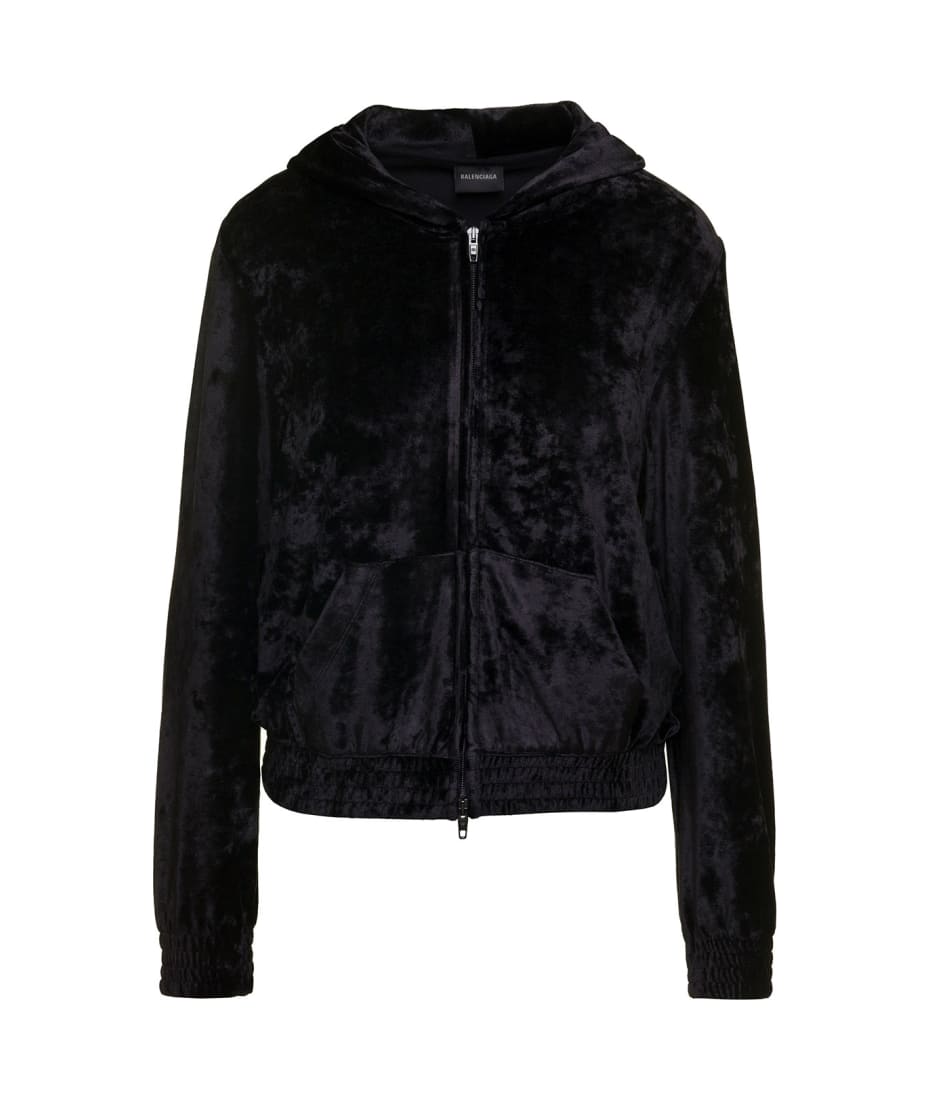 Balenciaga Black Zip-up Hoodie And Rhinestone Bb Logo In Velvet