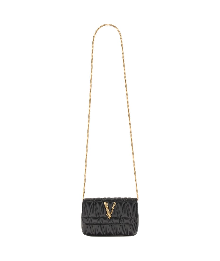 Versace Virtus Small Leather Shoulder Bag In Nero