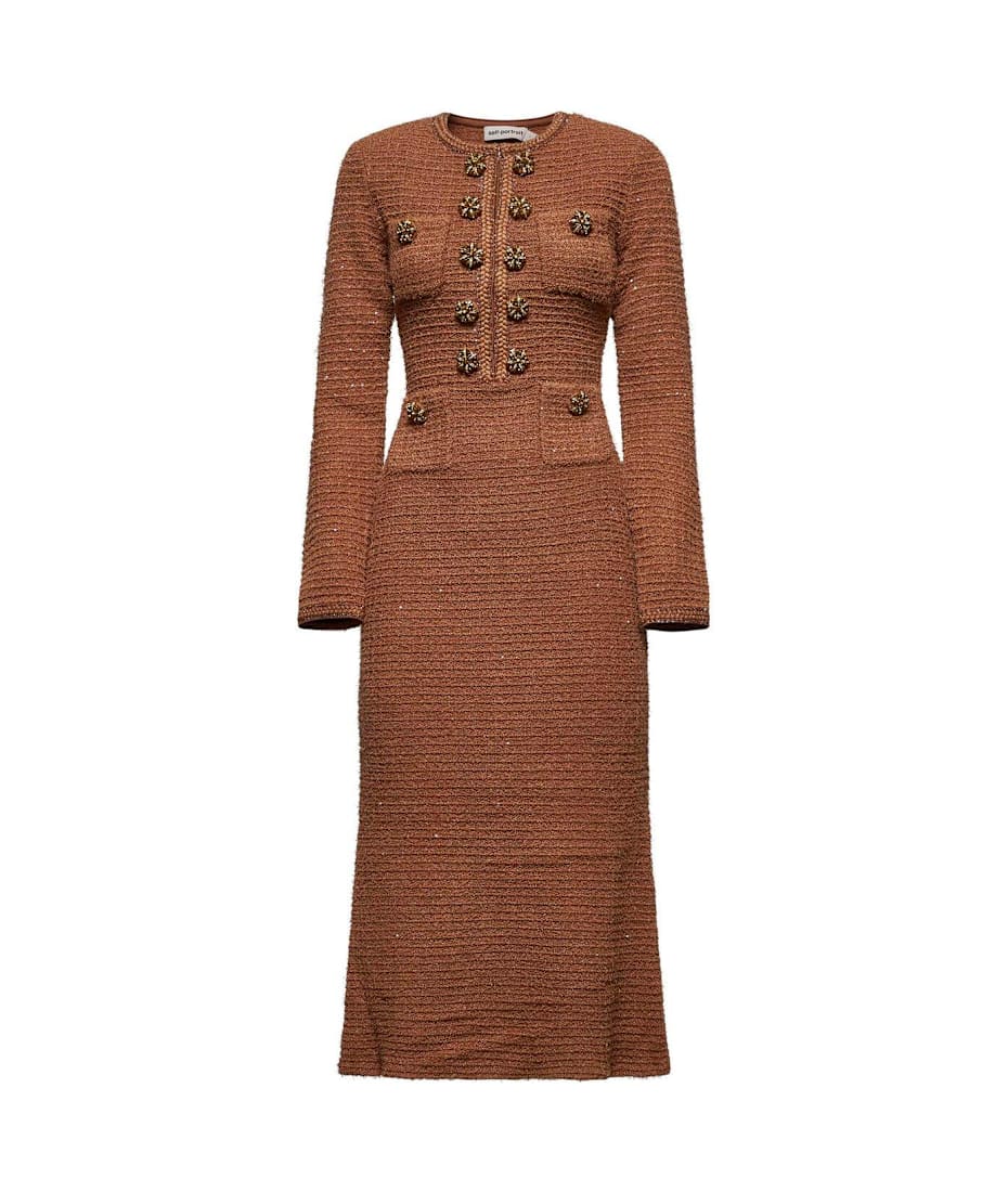 knee length dresses for ladies Self-Portrait - Navy Textured Knit Midi Dress