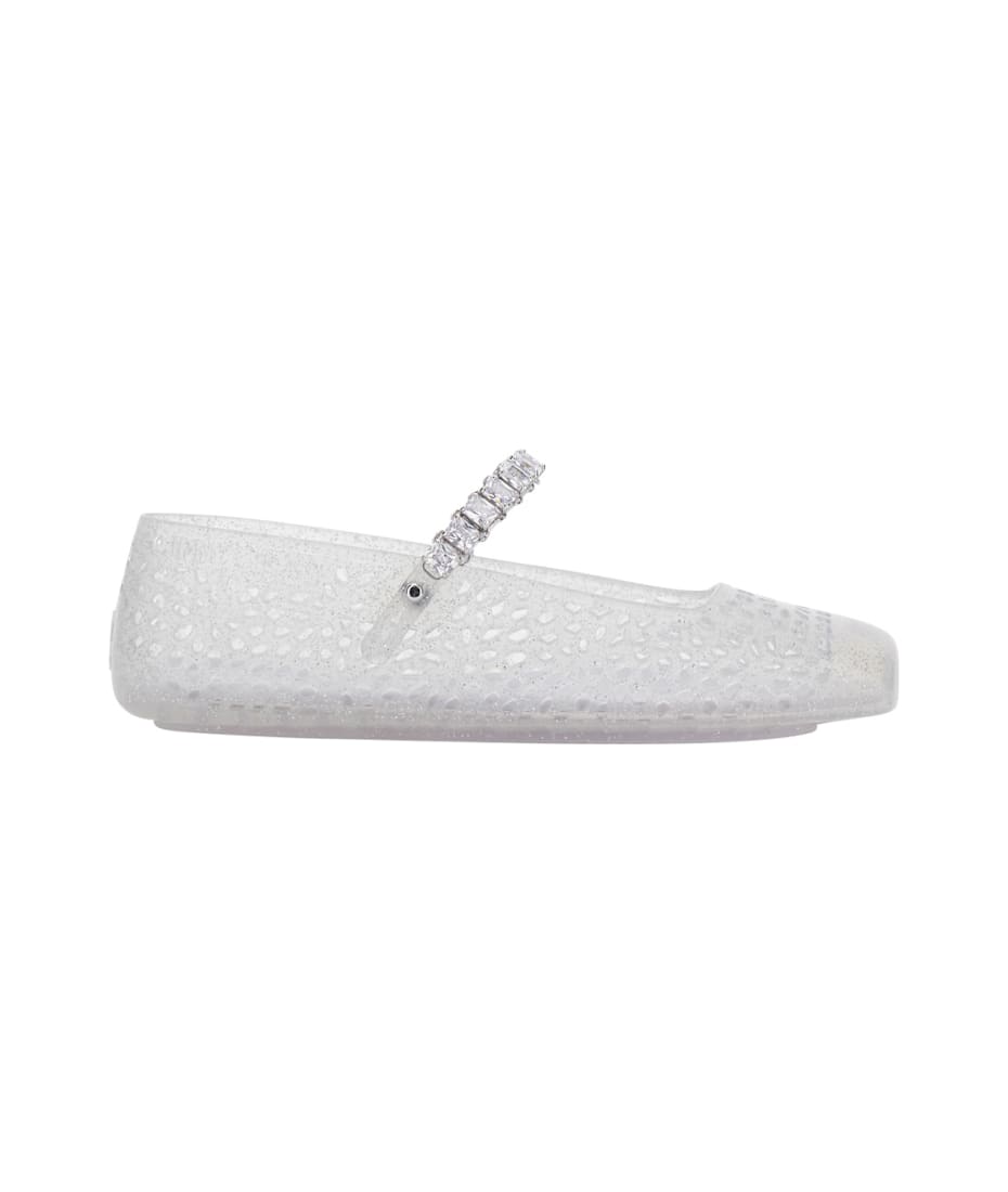 'the Jelly' White Ballet Shoes With Square Toe And Crystal Embellishments In Tech Fabric Woman