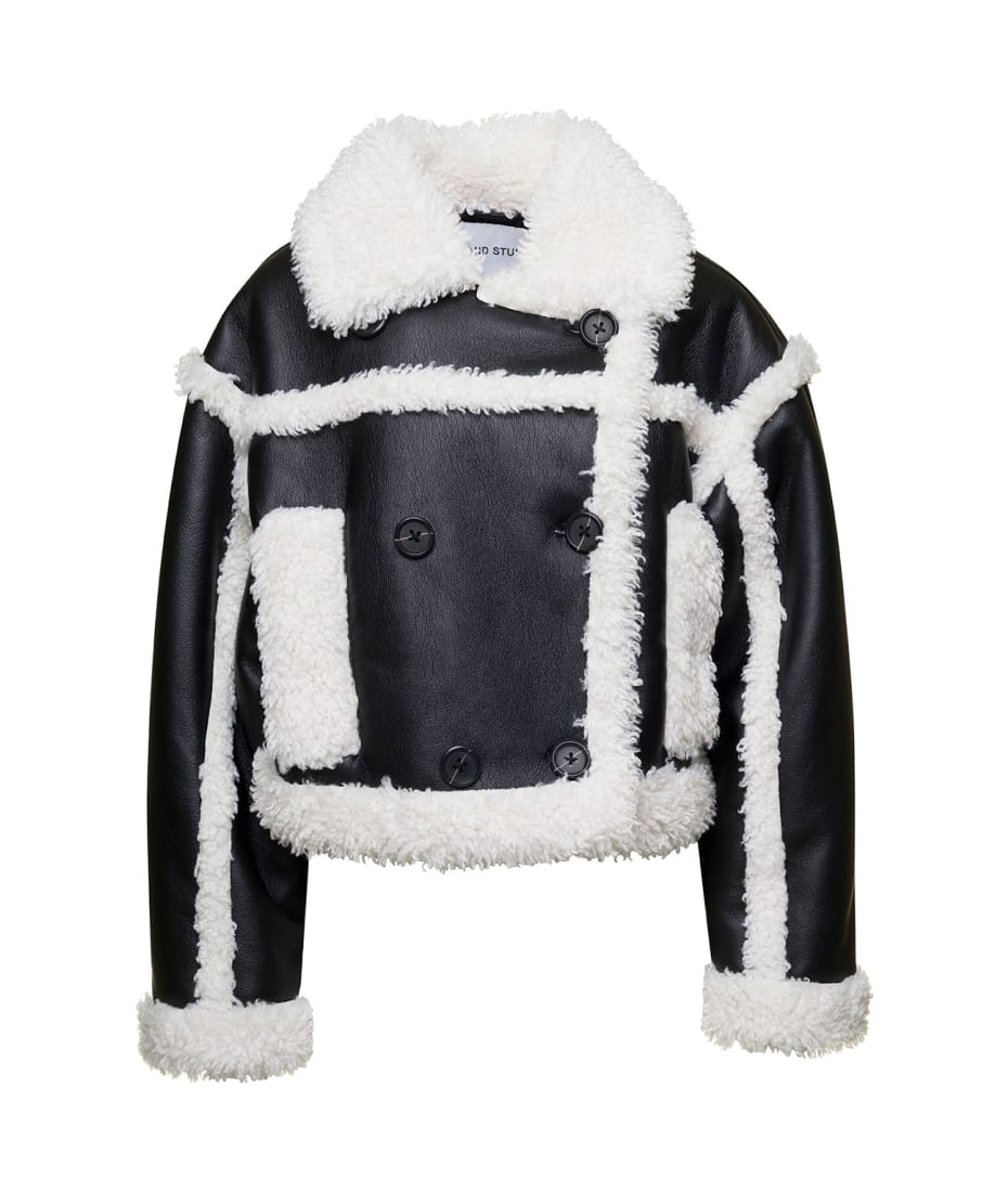 Faux Leather Black Shearling Jacket White Fur STAND STUDIO