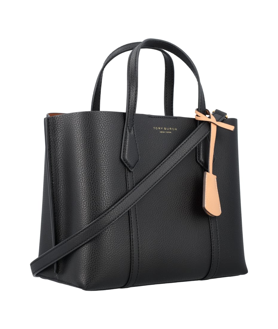 Tory Burch Perry Triple Compartment Pebbled Leather Tote Bag in black.