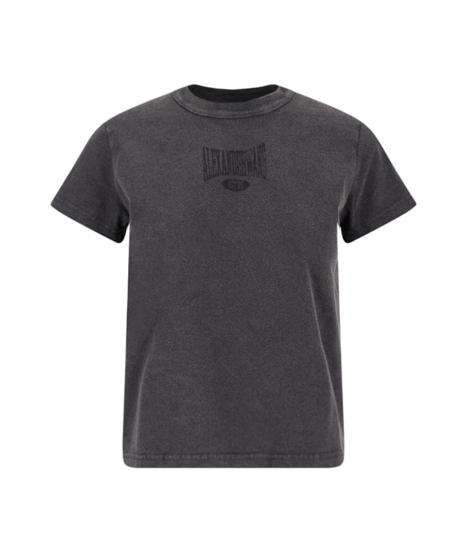 Tシャツ・カットソー Alexander Wang SS25 LOGO PRINT T-SHIRT (4CC2251542 020A) Distressed Logo Shrunken Cotton Tee in FADED BLACK