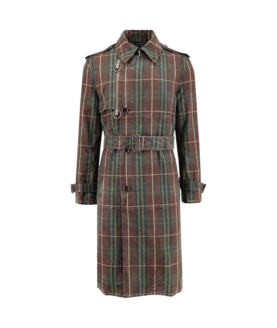 Burberry 'check' Dark Green Cotton Trench Coat | italist