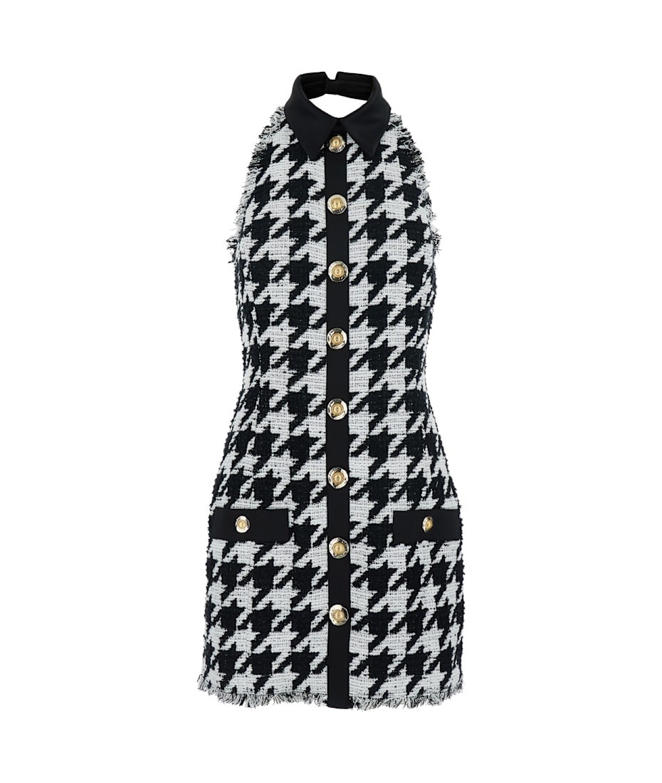 Balmain Black And White Halterneck Mini Dress With Houndstooth Motif In  Tweed And Satin Woman | italist, ALWAYS LIKE A SALE