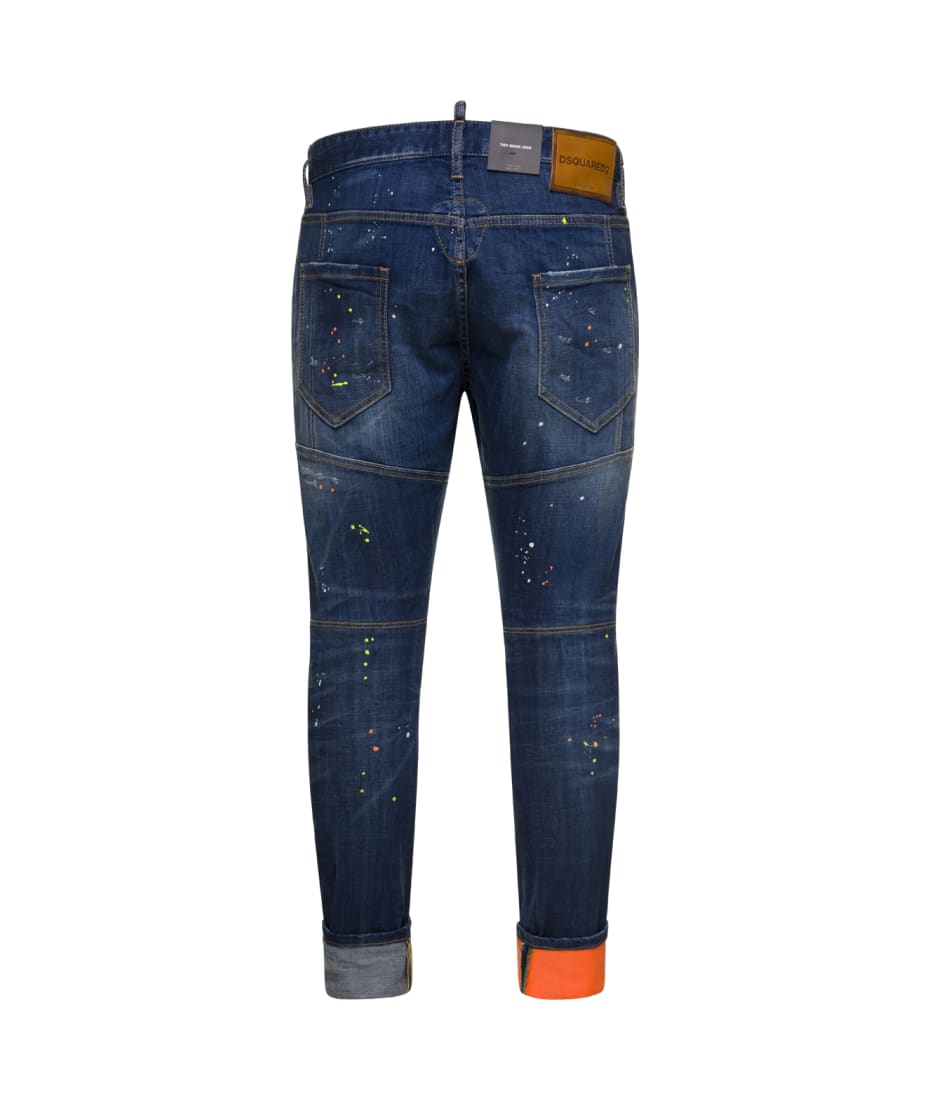 tidy Biker' Dark Blue Five Pockets Jeans With Distressed And Paint