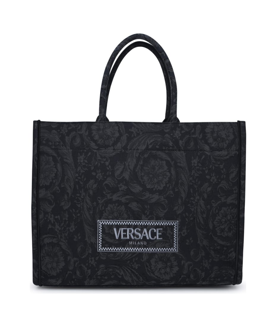 【Versace】LARGE TOTE◆10115621A11311 Versace Large Black and Gold Print Nylon Stampato Tote Bag
