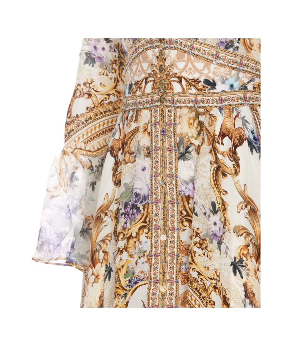 Camilla Shaped Waistband Dress With Ruffle Sleeve - MultiColour