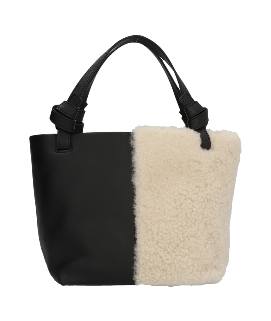 Staud Ida Mini Leather & Genuine Shearling Tote Bag In Black