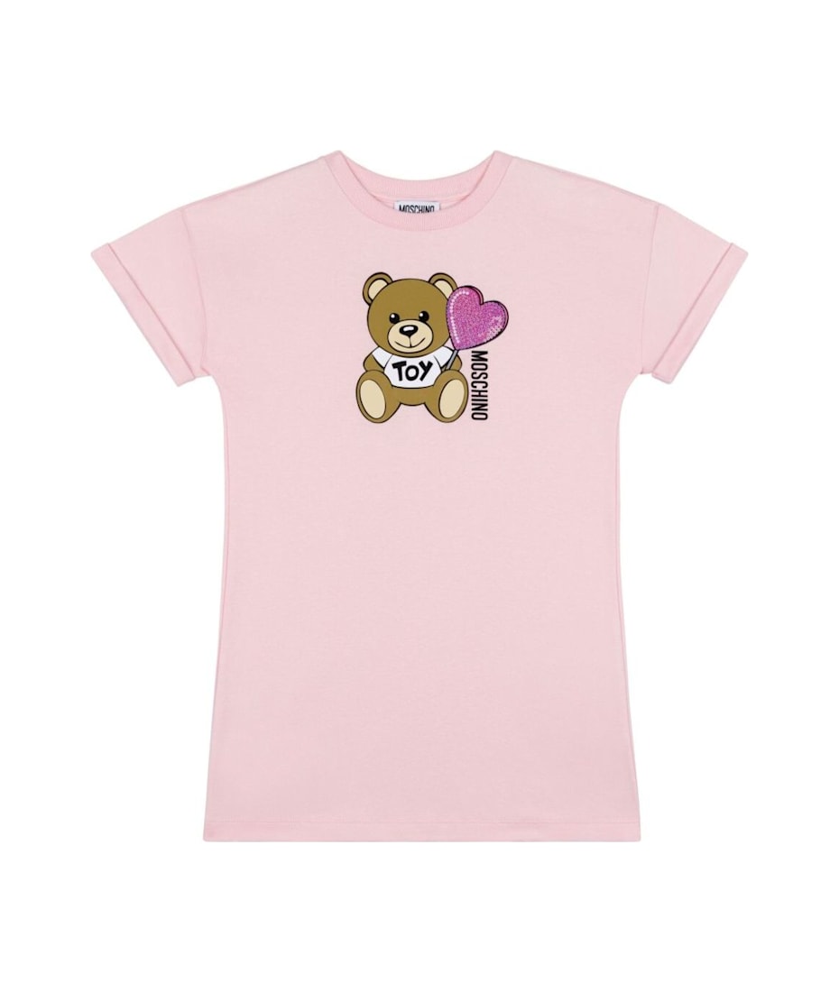 Moschino Pink Crewneck Dress With Logo Print On The Front In