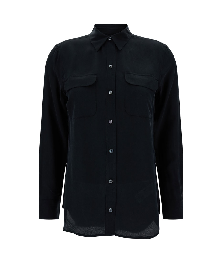Tシャツ・カットソー Equipment Black Silk Shirt with Pockets (Q23 E231TRUEBLACK) Slim Signature Silk Shirt at Equipment