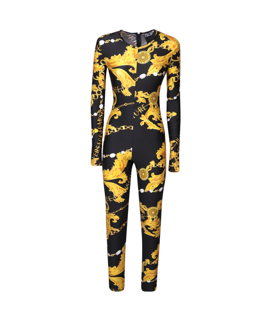 Chain Print Black/gold One-piece Jumpsuit By Versace Jeans Couture