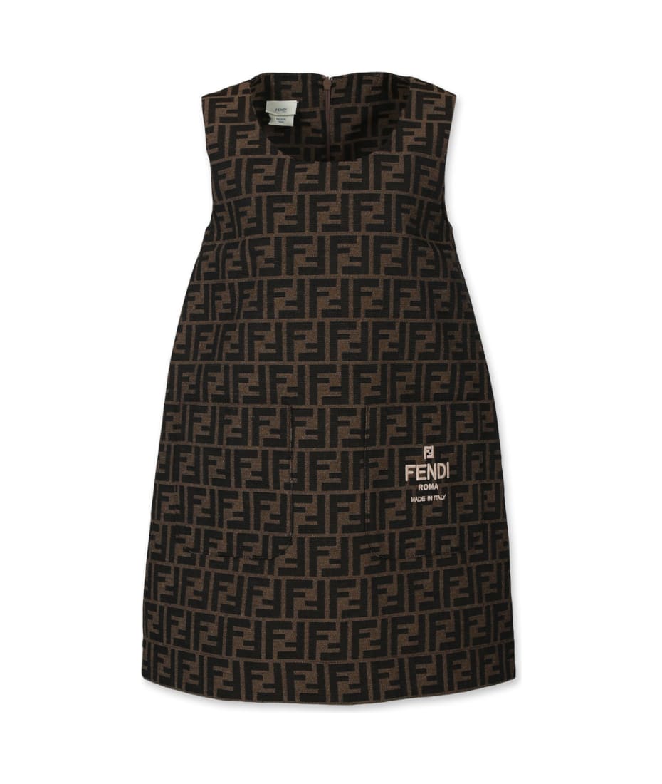 Brown Dress For Girl With Iconic Ff And Logo