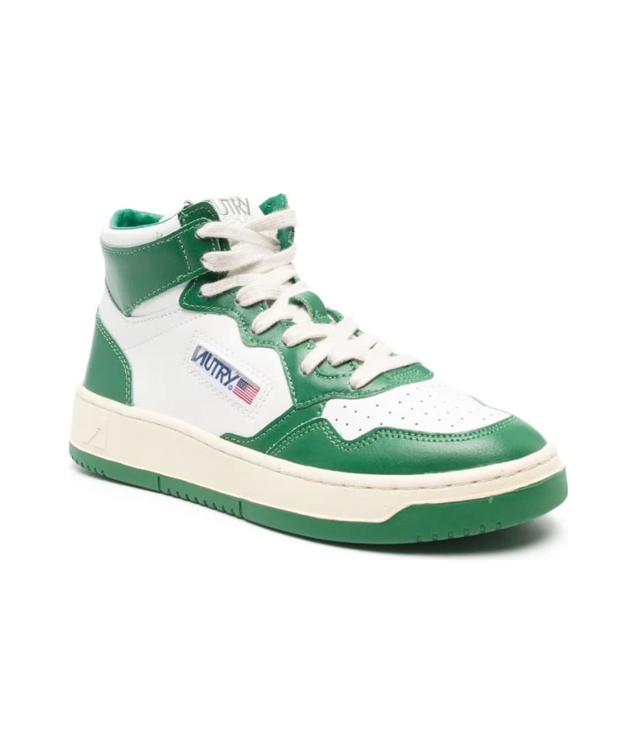 Autry Green & White Medalist Mid Sneakers