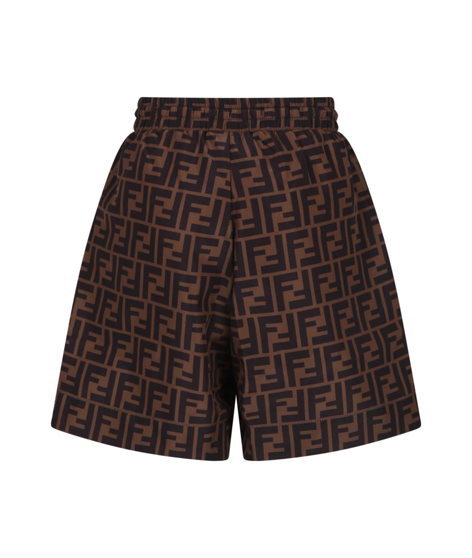 Fendi Brown Swim Shorts For Boy With Iconic Ff And Fendi Logo - Brown