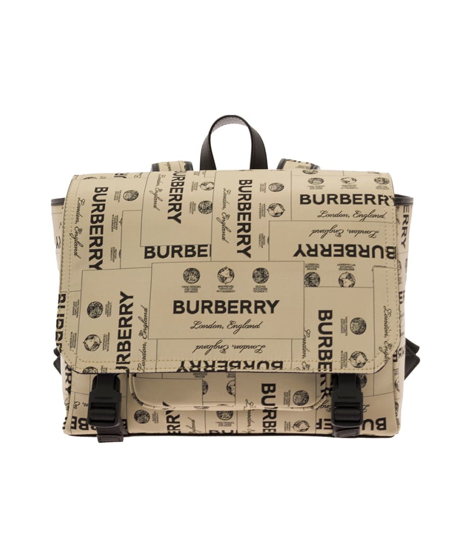 Burberry Beige Messenger Backpack With Label Print In Nylon Boy