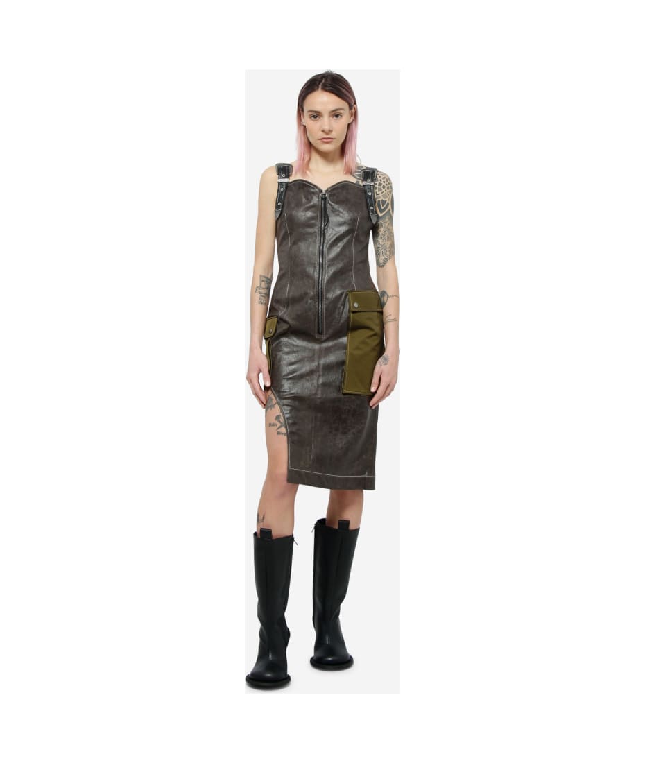 slim fit dress slacks Faux Leather Cut Out Sheath Midi Dress - Khaki