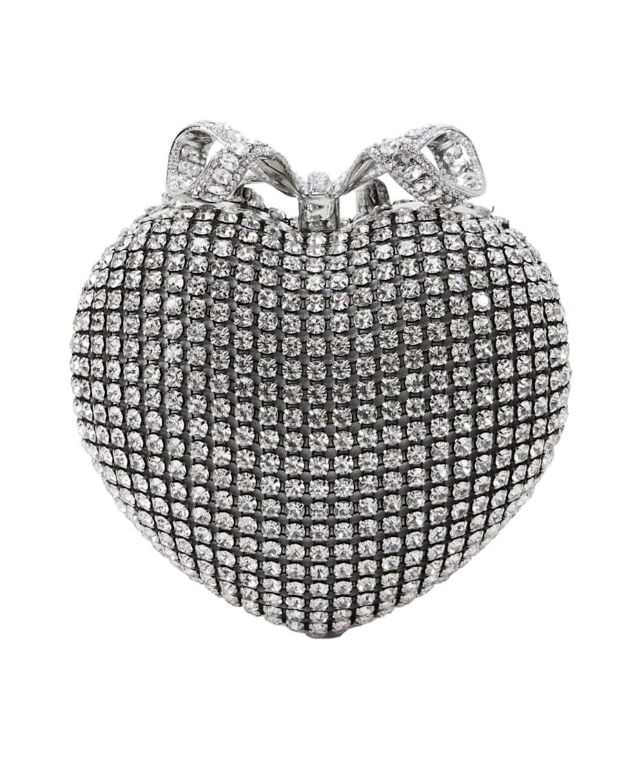 【SELF PORTRAIT】ハートクリスタル装飾のサテンクラッチ self-portrait 'heart' Silver Clutch With Bow On The Front
