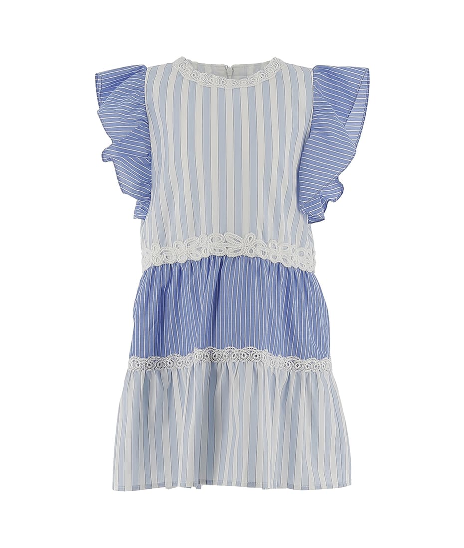 Ermanno Scervino Junior White And Light Blue Dress With Ruffles