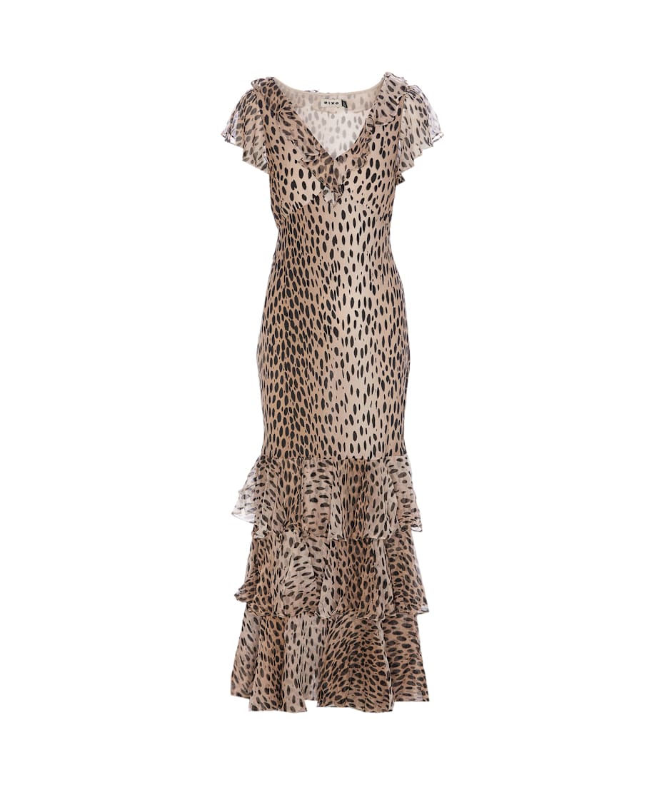 ワンピース RIXO AMELLE SILK GOWN Amelle Silk Gown in Brown Antelope Spot Black