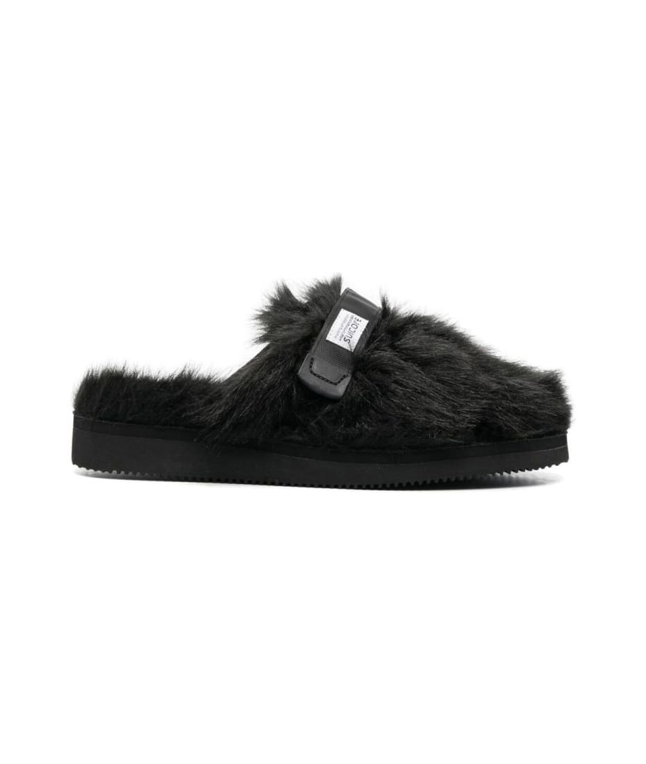 'zavo-2eu' Black Mules With Logo Patch In Eco Fur Man Suicoke